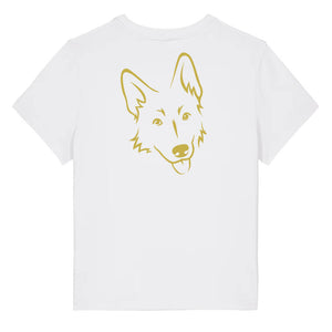 Gold outline illustration of the head of a German Shepherd on the back of a white ladies t-shirt