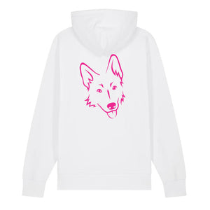 Magenta outline illustration of the head of a German Shepherd on the back of a white unisex Hoodie