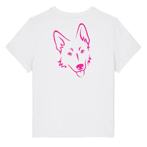 Magenta outline illustration of the head of a German Shepherd on the back of a white ladies t-shirt