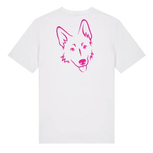 Magenta outline illustration of the head of a German Shepherd on the back of a white unisex t-shirt