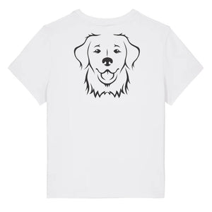 Black outline illustration of the head of a Golden Retriever on the back of a white ladies t-shirt