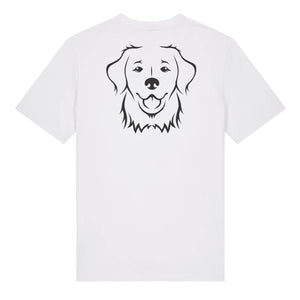 Black outline illustration of the head of a Golden Retriever on the back of a white unisex t-shirt