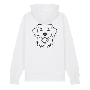 Black outline illustration of the head of a Golden Retriever on the back of a white unisex Hoodie