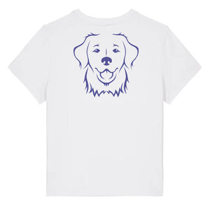 Blue outline illustration of the head of a Golden Retriever on the back of a white ladies t-shirt