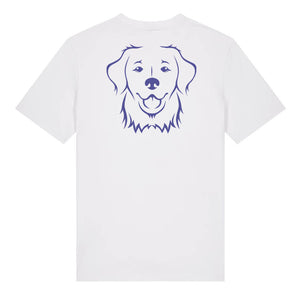 Blue outline illustration of the head of a Golden Retriever on the back of a white unisex t-shirt