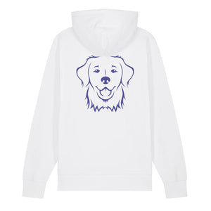Blue outline illustration of the head of a Golden Retriever on the back of a white unisex Hoodie
