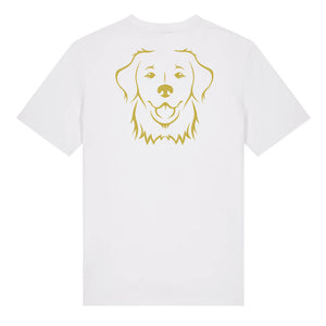 Gold outline illustration of the head of a Golden Retriever on the back of a white unisex t-shirt