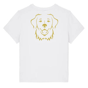 Gold outline illustration of the head of a Golden Retriever on the back of a white ladies t-shirt