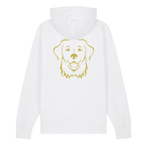 Gold outline illustration of the head of a Golden Retriever on the back of a white unisex Hoodie