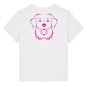 Magenta outline illustration of the head of a Golden Retriever on the back of a white ladies t-shirt