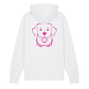 Magenta outline illustration of the head of a Golden Retriever on the back of a white unisex Hoodie