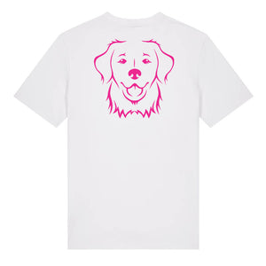 Magenta outline illustration of the head of a Golden Retriever on the back of a white unisex t-shirt