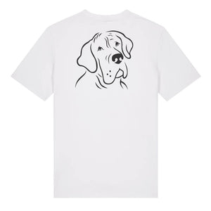 Black outline illustration of the head of a Great Dane on the back of a white unisex t-shirt
