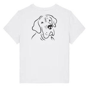 Black outline illustration of the head of a Great Dane on the back of a white ladies t-shirt