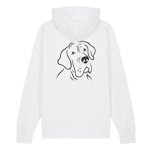 White outline illustration of the head of a Great Dane on the back of a white unisex Hoodie