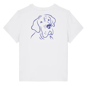 Blue outline illustration of the head of a Great Dane on the back of a white ladies t-shirt