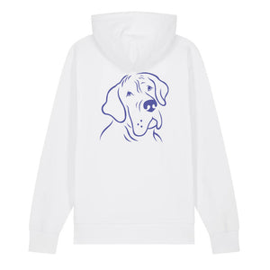 Blue outline illustration of the head of a Great Dane on the back of a white unisex Hoodie