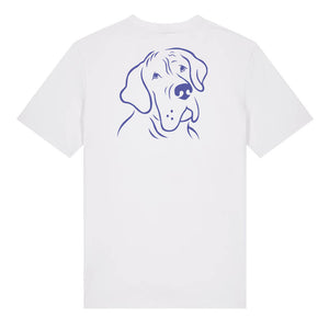 Blue outline illustration of the head of a Great Dane on the back of a white unisex t-shirt