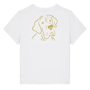 Gold outline illustration of the head of a Great Dane on the back of a white ladies t-shirt
