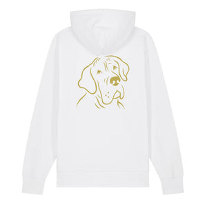 Gold outline illustration of the head of a Great Dane on the back of a white unisex Hoodie