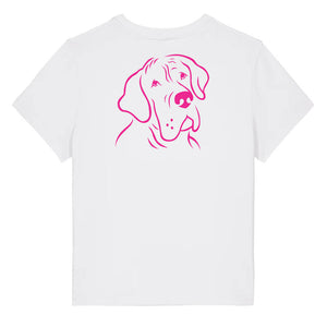 Magenta outline illustration of the head of a Great Dane on the back of a white ladies t-shirt