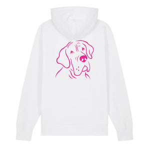 Magenta outline illustration of the head of a Great Dane on the back of a white unisex Hoodie