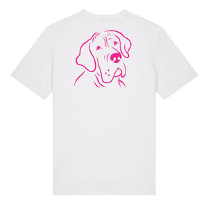 Magenta outline illustration of the head of a Great Dane on the back of a white unisex t-shirt