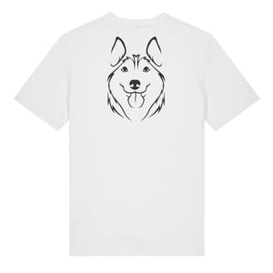 Black outline illustration of the head of a Husky on the back of a white unisex t-shirt