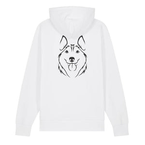 Black outline illustration of the head of a Husky on the back of a white unisex Hoodie