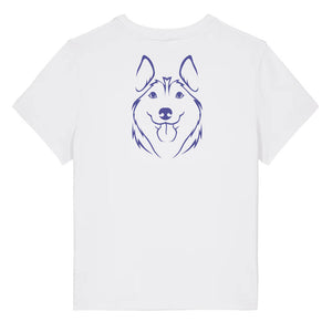 Blue outline illustration of the head of a Husky on the back of a white ladies t-shirt