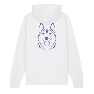 Blue outline illustration of the head of a Husky on the back of a white unisex Hoodie