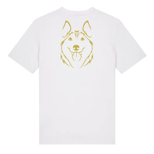 Gold outline illustration of the head of a Husky on the back of a white unisex t-shirt