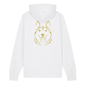 Gold outline illustration of the head of a Husky on the back of a white unisex Hoodie