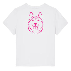 Magenta outline illustration of the head of a Husky on the back of a white ladies t-shirt