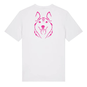 Magenta outline illustration of the head of a Husky on the back of a white unisex t-shirt