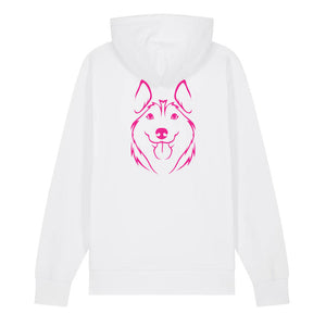 Magenta outline illustration of the head of a Husky on the back of a white unisex Hoodie
