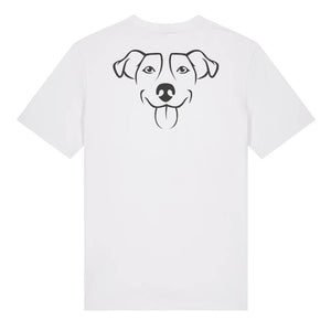 Black outline illustration of the head of a Jack Russell on the back of a white unisex t-shirt