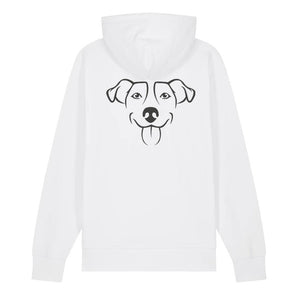 Black outline illustration of the head of a Jack Russell on the back of a white unisex Hoodie
