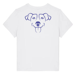 Blue outline illustration of the head of a Jack Russell on the back of a white ladies t-shirt