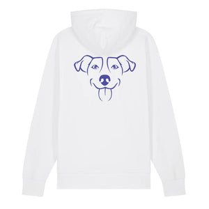 Blue outline illustration of the head of a Jack Russell on the back of a white unisex Hoodie