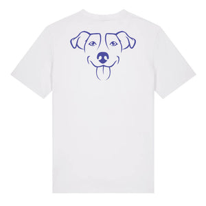 Blue outline illustration of the head of a Jack Russell on the back of a white unisex t-shirt