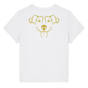 Gold outline illustration of the head of a Jack Russell on the back of a white ladies t-shirt