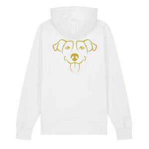 Gold outline illustration of the head of a Jack Russell on the back of a white unisex Hoodie
