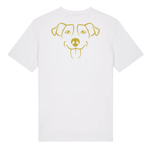 Gold outline illustration of the head of a Jack Russell on the back of a white unisex t-shirt