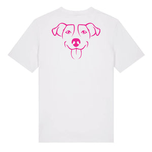 Magenta outline illustration of the head of a Jack Russell on the back of a white unisex t-shirt