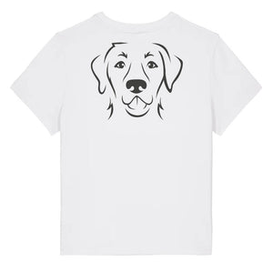 Black outline illustration of the head of a Labrador Retriever on the back of a white ladies t-shirt