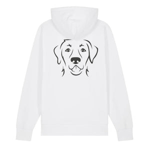 Black outline illustration of the head of a Labrador Retriever on the back of a white unisex Hoodie
