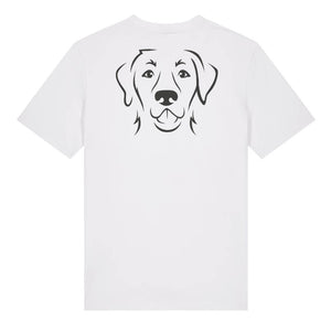 Black outline illustration of the head of a Labrador Retriever on the back of a white unisex t-shirt