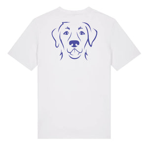 Blue outline illustration of the head of a Labrador Retriever on the back of a white unisex t-shirt