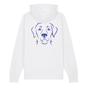 Blue outline illustration of the head of a Labrador Retriever on the back of a white unisex Hoodie